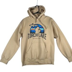 Gildan Torch Lake Butch's MI Michigan Graphic Hoodie Tan Small Cozy